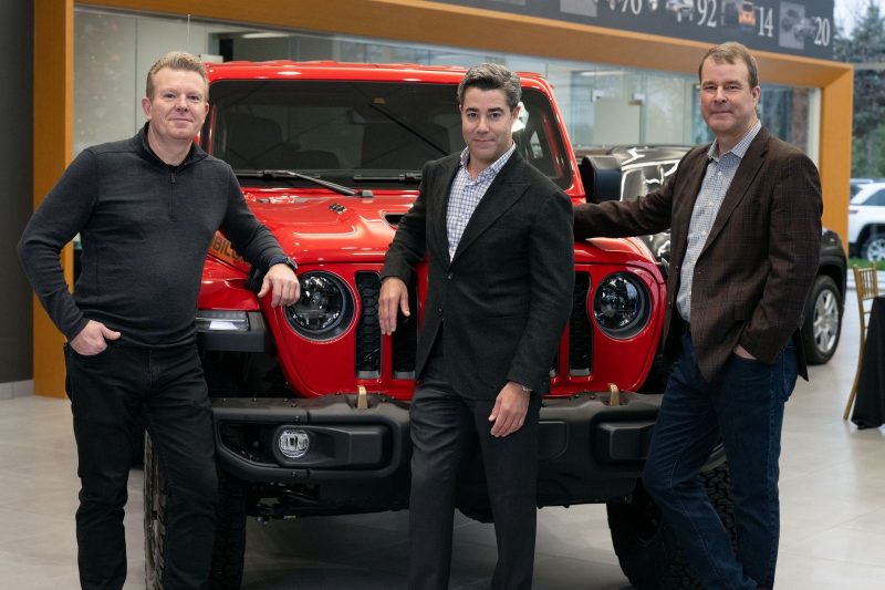 Christian Meunier, Jeep brand CEO; Jay Feldman, Feldman Automotive CEO, Jim Morrison, head of Jeep brand, North America. // Courtesy of Feldman Automotive Group
